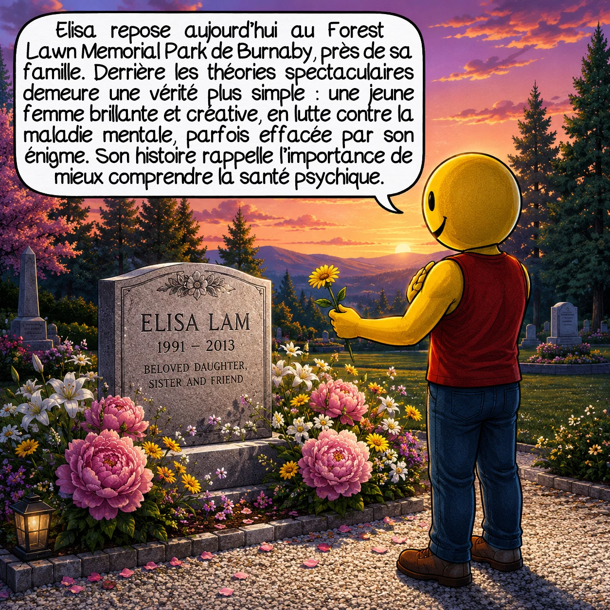 L’affaire Elisa Lam, case 10 : Elisa repose aujourd’hui au Forest Lawn Memorial Park de Burnaby, près de sa famille. Derrière les théories spectaculaires se cache une vérité plus simple : une jeune femme brillante, créative, qui luttait contre la maladie mentale et qu’on a parfois oubliée derrière sa propre énigme. Son histoire reste un appel discret à mieux comprendre la santé psychique.