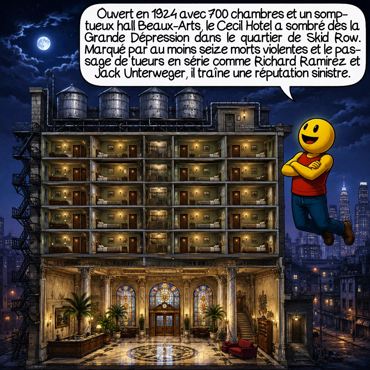 L’affaire Elisa Lam, case 3 : Le Cecil Hotel, ouvert en 1924, comptait 700 chambres et un hall Beaux-Arts somptueux. Mais cinq ans plus tard, la Grande Dépression l’a fait dégringoler dans le quartier glauque de Skid Row. Il a accueilli au moins seize morts violentes, plus deux tueurs en série célèbres : Richard Ramirez en 1985 et Jack Unterweger en 1991. Une réputation très lourde à porter.
