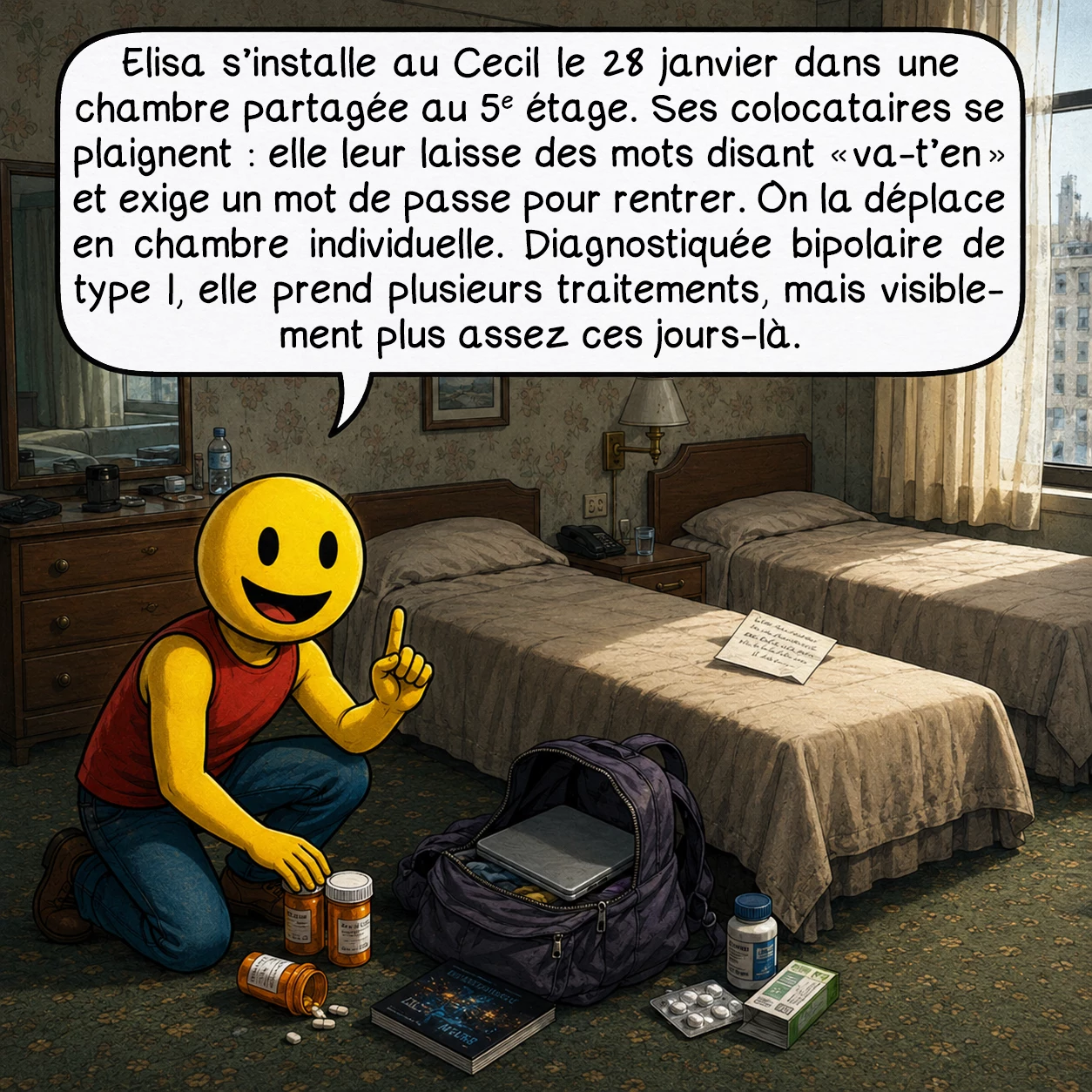 L’affaire Elisa Lam, case 4 : Elisa s’installe au Cecil le 28 janvier dans une chambre partagée au 5ᵉ étage. Ses colocataires se plaignent : elle leur laisse des mots disant « va-t’en » et exige un mot de passe pour rentrer. On la déplace en chambre individuelle. Diagnostiquée bipolaire de type I, elle prend plusieurs traitements, mais visiblement plus assez ces jours-là.