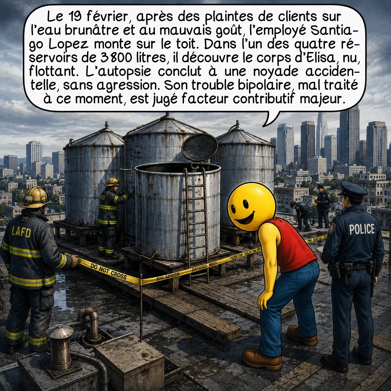 L’affaire Elisa Lam, case 6 : Le 19 février, après des plaintes de clients sur l’eau brunâtre et au mauvais goût, l’employé Santiago Lopez monte sur le toit. Dans l’un des quatre réservoirs de 3 800 litres, il découvre le corps d’Elisa, nu, flottant. L’autopsie conclut à une noyade accidentelle, sans agression. Son trouble bipolaire, mal traité à ce moment, est jugé facteur contributif majeur.