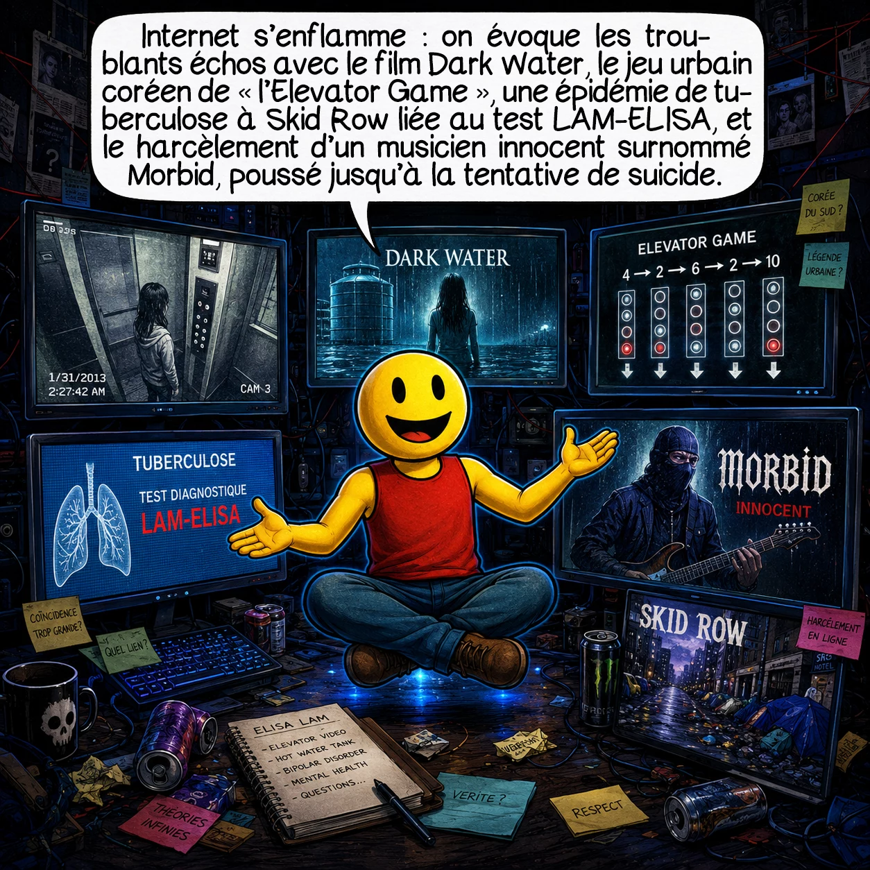 L’affaire Elisa Lam, case 7 : Internet s’enflamme. On parle du film d’horreur Dark Water, dont le scénario présente d’étranges échos. D’un jeu urbain coréen, le « Elevator Game ». D’une épidémie de tuberculose à Skid Row dont le test diagnostique s’appelle, par pure coïncidence, LAM-ELISA. Et d’un musicien innocent surnommé Morbid, harcelé jusqu’à la tentative de suicide.