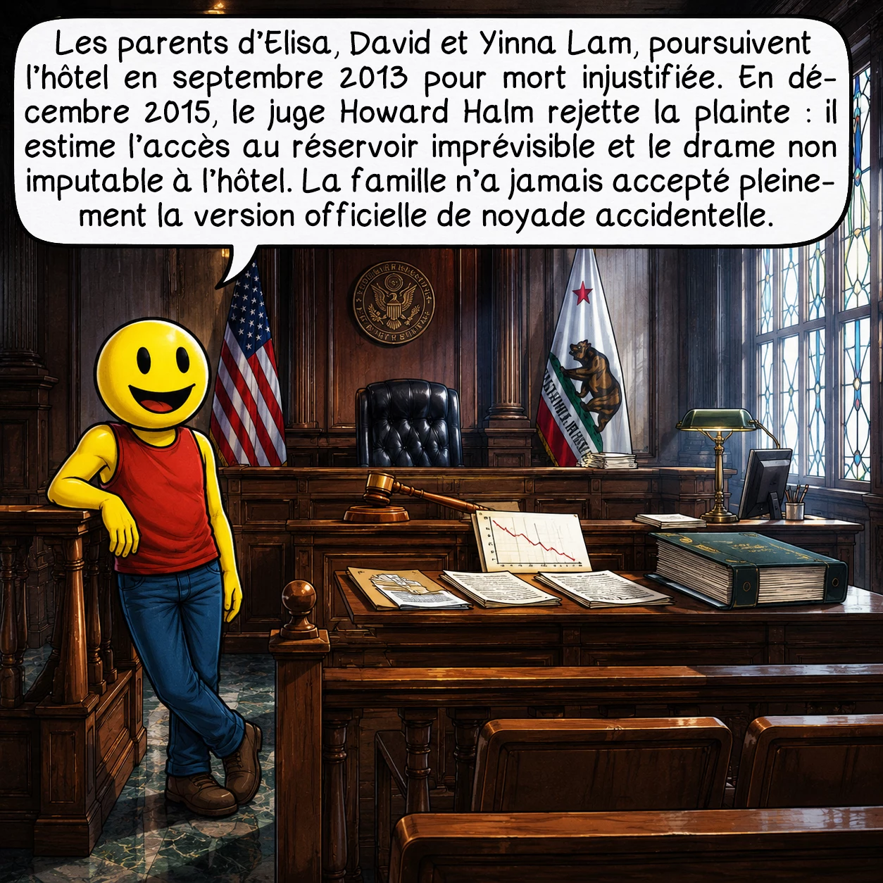L’affaire Elisa Lam, case 8 : Les parents d’Elisa, David et Yinna Lam, poursuivent l’hôtel en septembre 2013 pour mort injustifiée. En décembre 2015, le juge Howard Halm rejette la plainte : il estime l’accès au réservoir imprévisible et le drame non imputable à l’hôtel. La famille n’a jamais accepté pleinement la version officielle de noyade accidentelle.