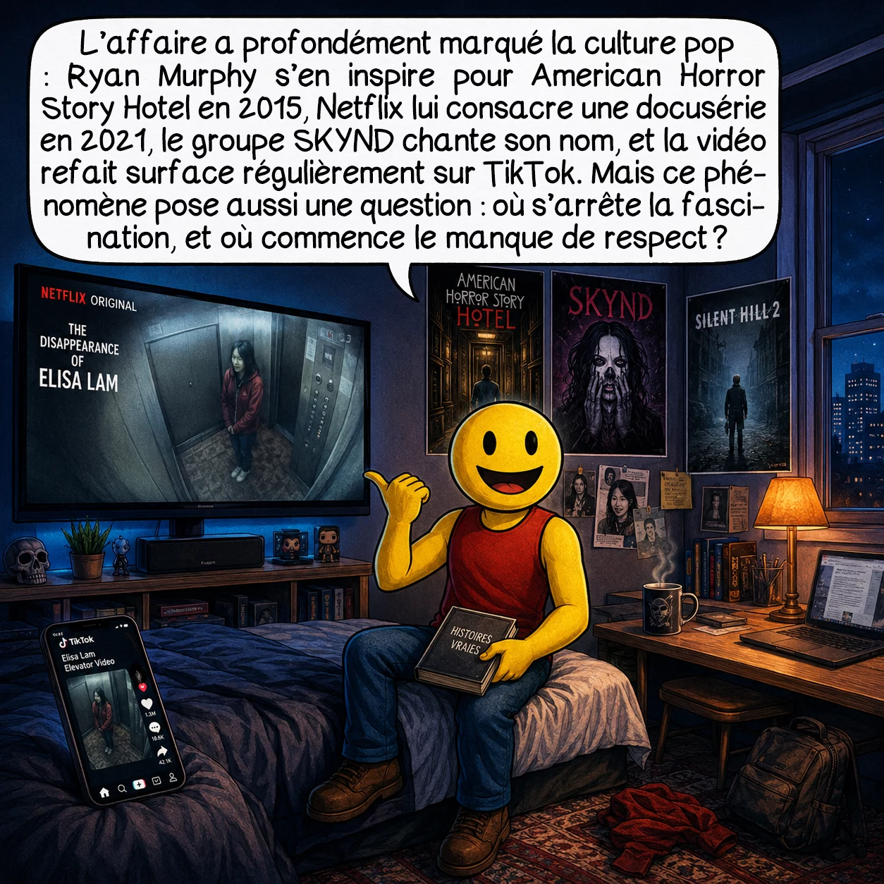 L’affaire Elisa Lam, case 9 : L’affaire a profondément marqué la culture pop : Ryan Murphy s’en inspire pour American Horror Story Hotel en 2015, Netflix lui consacre une docusérie en 2021, le groupe SKYND chante son nom, et la vidéo refait surface régulièrement sur TikTok. Mais ce phénomène pose aussi une question : où s’arrête la fascination, et où commence le manque de respect ?
