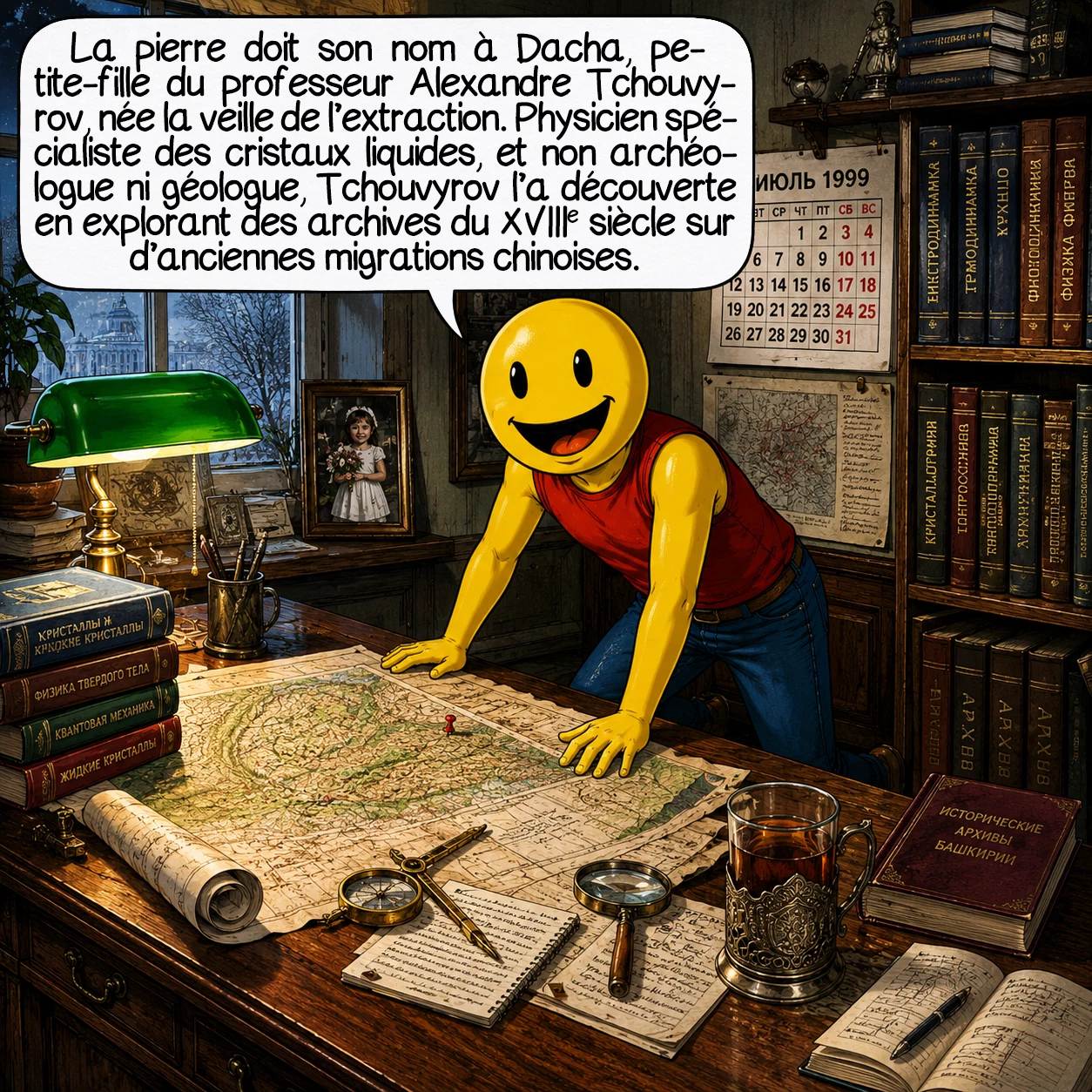 La pierre de Dashka, case 2 : La pierre a été nommée en l’honneur de Dacha, la petite-fille du professeur Alexandre Tchouvyrov, née la veille de l’extraction. Tchouvyrov n’est pourtant ni archéologue ni géologue : il est physicien spécialiste des cristaux liquides à l’Université d’État de Bachkirie. C’est en cherchant des traces de migrations chinoises anciennes qu’il est tombé sur des archives intrigantes du XVIIIᵉ siècle.