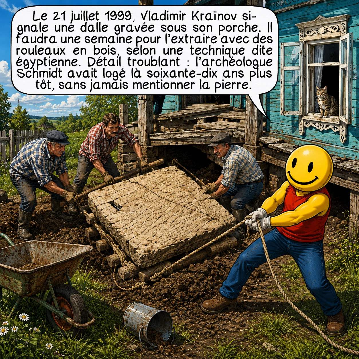 La pierre de Dashka, case 4 : Le 21 juillet 1999, Vladimir Kraïnov, ancien président du conseil agricole local, signale une dalle gravée sous son porche. Il a fallu une semaine pour l’extraire à l’aide de rouleaux en bois, technique dite égyptienne. Détail troublant : l’archéologue Schmidt avait logé dans cette même maison soixante-dix ans plus tôt, mais n’avait jamais signalé la pierre.