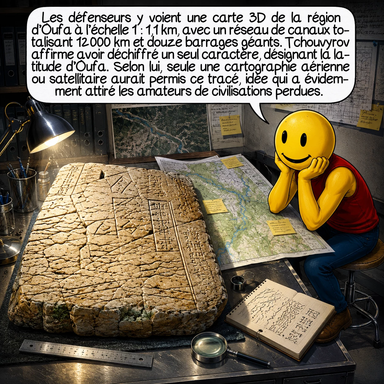 La pierre de Dashka, case 6 : Les défenseurs y voient une carte 3D de la région d’Oufa à l’échelle 1 : 1,1 km, avec un réseau de canaux totalisant 12 000 km et douze barrages géants. Tchouvyrov affirme avoir déchiffré un seul caractère, désignant la latitude d’Oufa. Selon lui, seule une cartographie aérienne ou satellitaire aurait permis ce tracé, idée qui a évidemment attiré les amateurs de civilisations perdues.