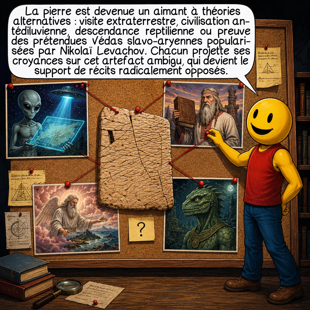 La pierre de Dashka, case 8 : La pierre est devenue un aimant à théories alternatives : visite extraterrestre, civilisation antédiluvienne créationniste, descendance reptilienne, ou encore preuve des prétendues Védas slavo-aryennes popularisées par le pseudo-savant Nikolaï Levachov. Chaque communauté projette ses convictions sur l’objet, illustrant comment un artefact ambigu peut servir de support à des récits radicalement opposés.