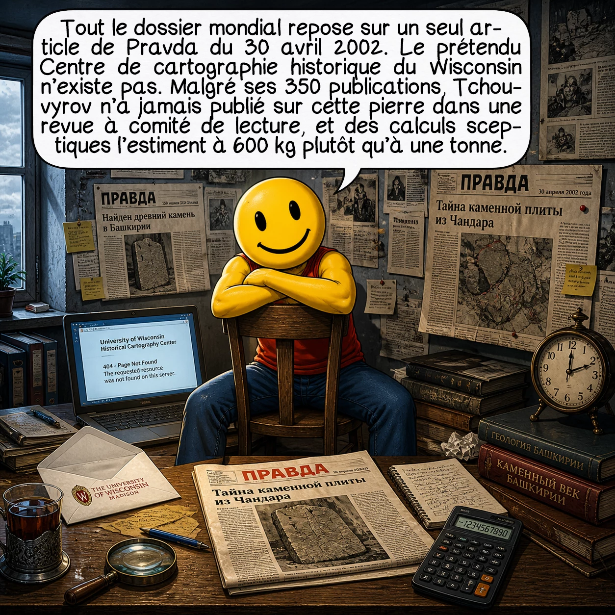 La pierre de Dashka, case 9 : L’ensemble du dossier mondial repose sur un unique article de Pravda paru le 30 avril 2002. Le fameux Centre de cartographie historique du Wisconsin qui aurait validé la datation n’existe tout simplement pas. Tchouvyrov, malgré ses 350 publications en physique des matériaux, n’a jamais publié sur la pierre dans une revue à comité de lecture, et les calculs sceptiques montrent qu’elle pèse plutôt 600 kg que la tonne annoncée.