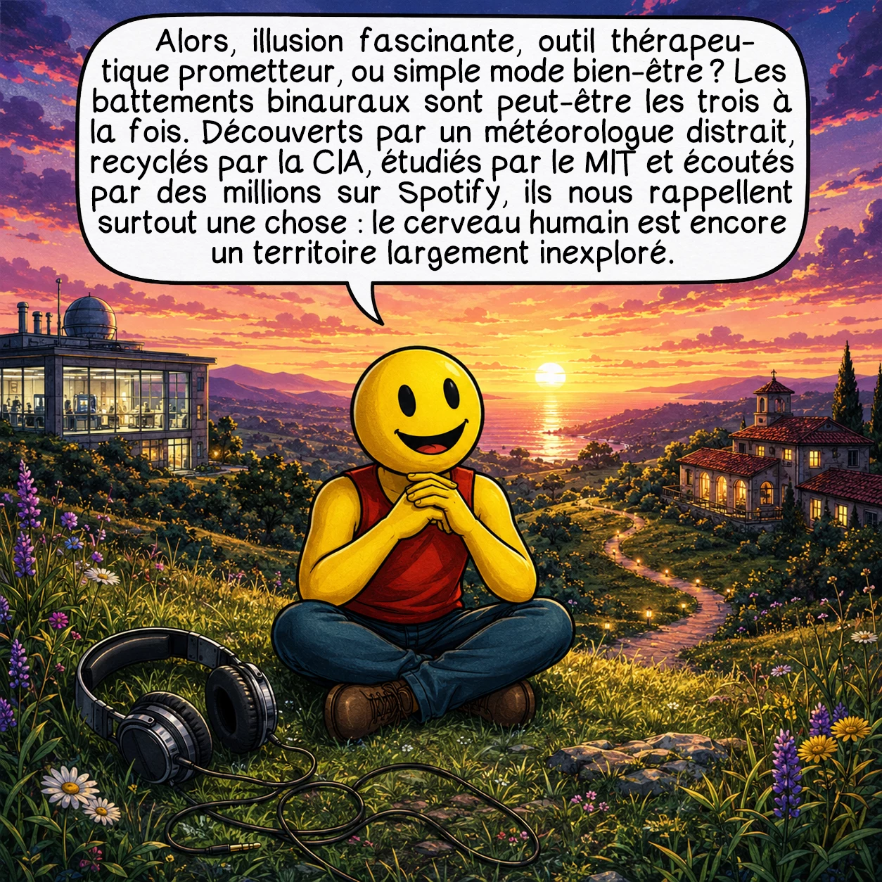 Les battements binauraux, case 10 : Alors, illusion fascinante, outil thérapeutique prometteur, ou simple mode bien-être ? Les battements binauraux sont peut-être les trois à la fois. Découverts par un météorologue distrait, recyclés par la CIA, étudiés par le MIT et écoutés par des millions sur Spotify, ils nous rappellent surtout une chose : le cerveau humain est encore un territoire largement inexploré.