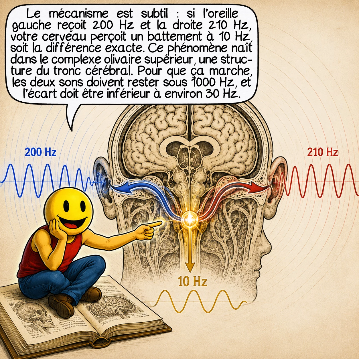 Les battements binauraux, case 2 : Le mécanisme est subtil : si l’oreille gauche reçoit 200 Hz et la droite 210 Hz, votre cerveau perçoit un battement à 10 Hz, soit la différence exacte. Ce phénomène naît dans le complexe olivaire supérieur, une structure du tronc cérébral. Pour que ça marche, les deux sons doivent rester sous 1000 Hz, et l’écart doit être inférieur à environ 30 Hz.