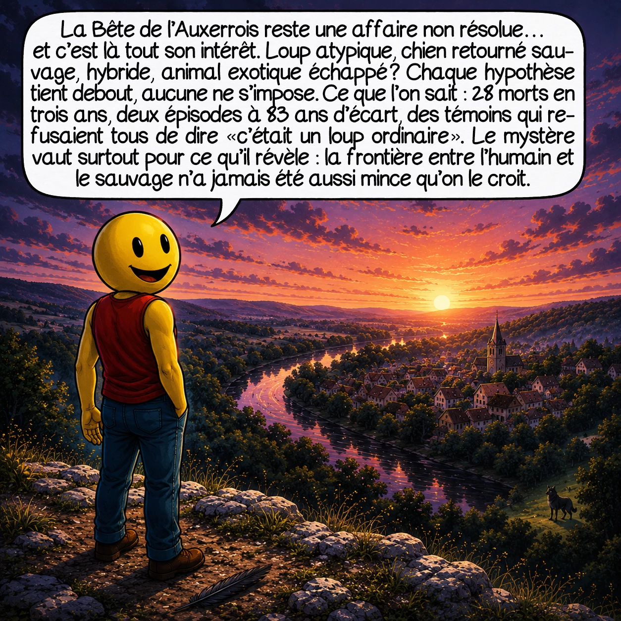 La bête de l’Auxerrois, case 10 : La Bête de l’Auxerrois reste une affaire non résolue — et c’est là tout son intérêt. Loup atypique, chien retourné sauvage, hybride, animal exotique échappé ? Chaque hypothèse tient debout, aucune ne s’impose. Ce que l’on sait : 28 morts en trois ans, deux épisodes à 83 ans d’écart, des témoins qui refusaient tous de dire « c’était un loup ordinaire ». Le mystère vaut surtout pour ce qu’il révèle : la frontière entre l’humain et le sauvage n’a jamais été aussi mince qu’on le croit.