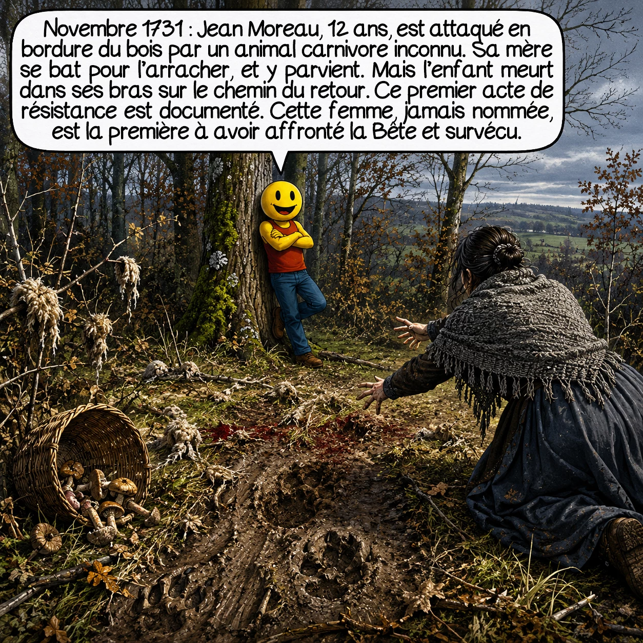 La bête de l’Auxerrois, case 3 : Novembre 1731 : Jean Moreau, 12 ans, est attaqué en bordure du bois par un animal carnivore inconnu. Sa mère se bat pour l’arracher — et y parvient. Mais l’enfant meurt dans ses bras sur le chemin du retour. Ce premier acte de résistance est documenté. Cette femme, jamais nommée, est la première humaine à avoir affronté la Bête et survécu.