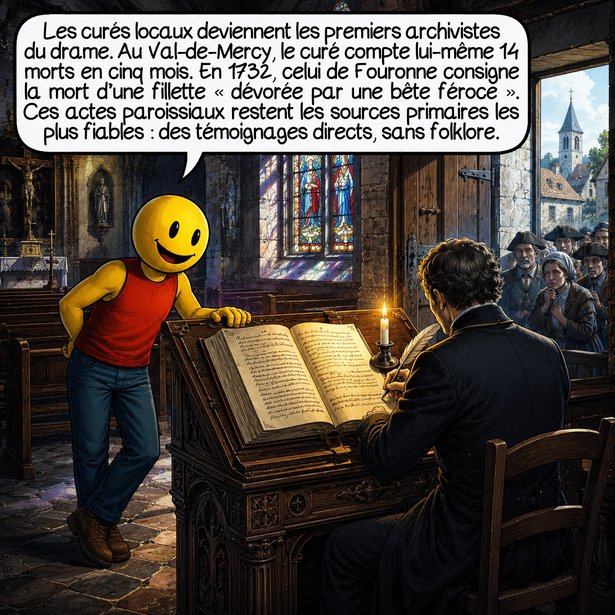 La bête de l’Auxerrois, case 4 : Les curés locaux deviennent les premiers archivistes du drame. Le curé du Val-de-Mercy compte lui-même les morts : 14 en seulement cinq mois. En 1732, le curé de Fouronne consigne par écrit la mort d’une fillette « dévorée par une bête féroce ». Ces actes paroissiaux sont les sources primaires les plus fiables — des témoins directs, sans exagération folklorique.