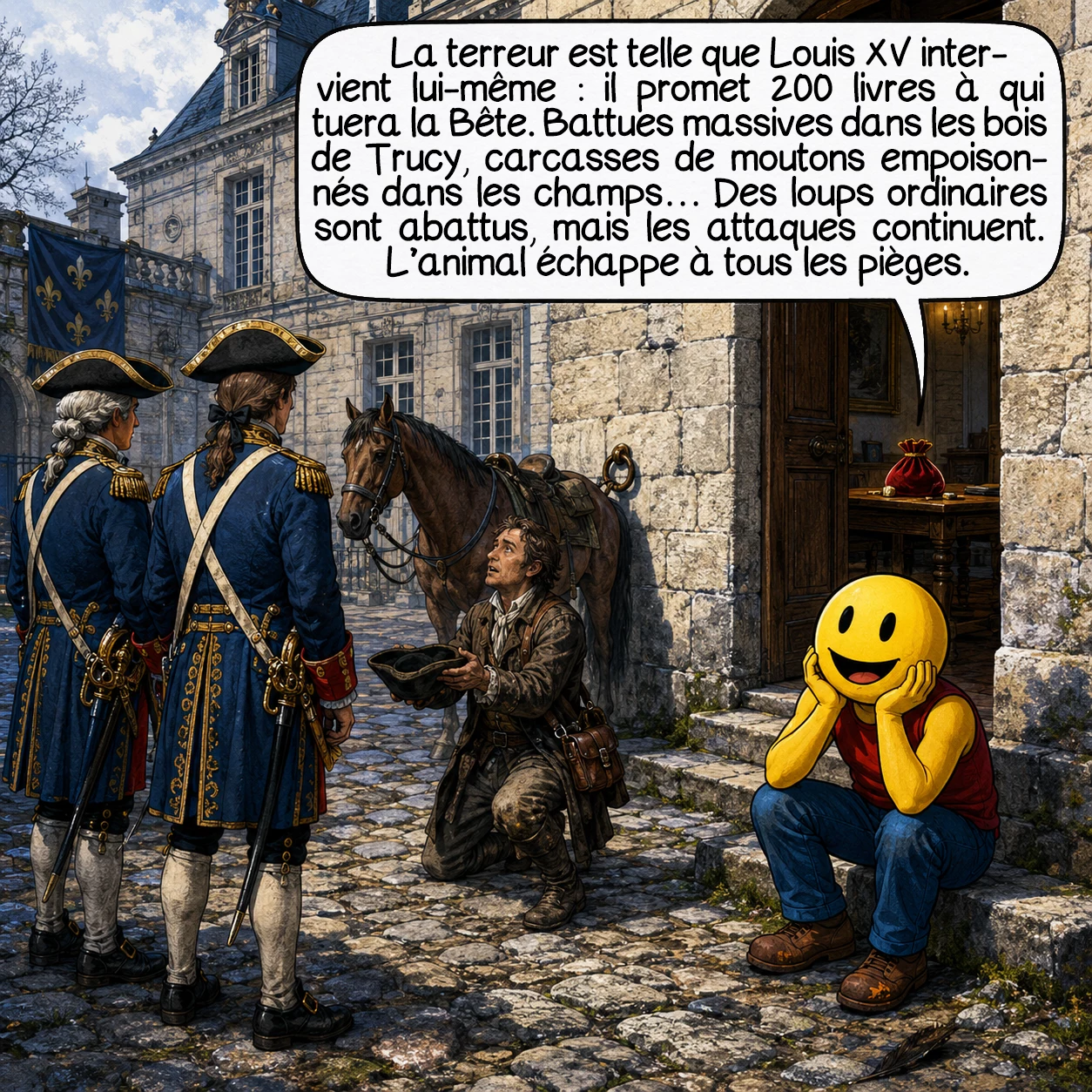 La bête de l’Auxerrois, case 5 : La terreur est telle que Louis XV lui-même intervient : il offre une prime royale de 200 livres à quiconque tuera la Bête. Des battues massives sont organisées dans les bois de Trucy, et des carcasses de moutons empoisonnés sont abandonnées dans les champs. Résultat : des loups ordinaires sont tués, mais les attaques continuent. L’animal ignore ou contourne tous les pièges.