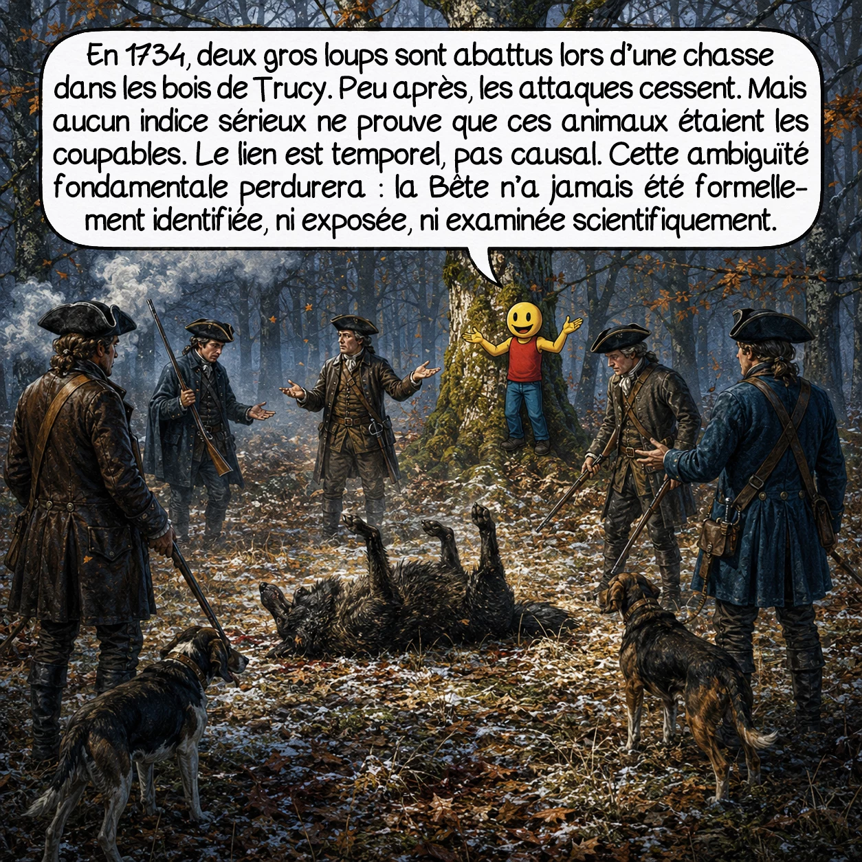 La bête de l’Auxerrois, case 7 : En 1734, deux gros loups sont abattus lors d’une chasse dans les bois de Trucy. Peu après, les attaques cessent. Mais aucun indice sérieux ne prouve que ces animaux étaient les coupables. Le lien est temporel, pas causal. Cette ambiguïté fondamentale perdurera : la Bête n’a jamais été formellement identifiée, ni exposée, ni examinée scientifiquement.