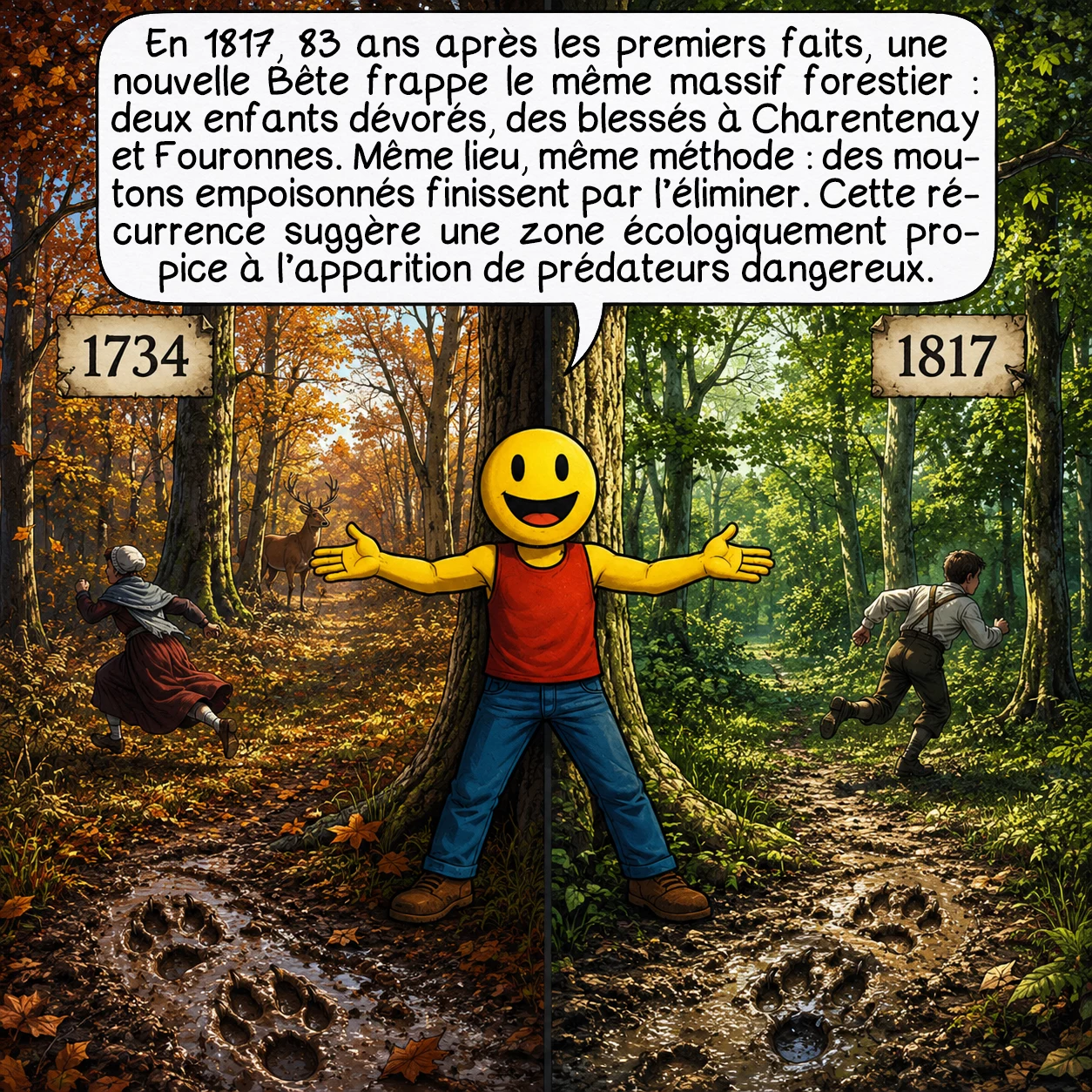 La bête de l’Auxerrois, case 8 : En 1817 — 83 ans après les premiers faits —, une nouvelle Bête sévit dans exactement le même périmètre forestier. Deux enfants dévorés, des blessés à Charentenay et Fouronnes. Même lieu, même méthode : des moutons empoisonnés finissent par la faire disparaître. Cette récurrence géographique précise suggère que la zone présente des conditions écologiques particulières, favorables à l’émergence de prédateurs dangereux.