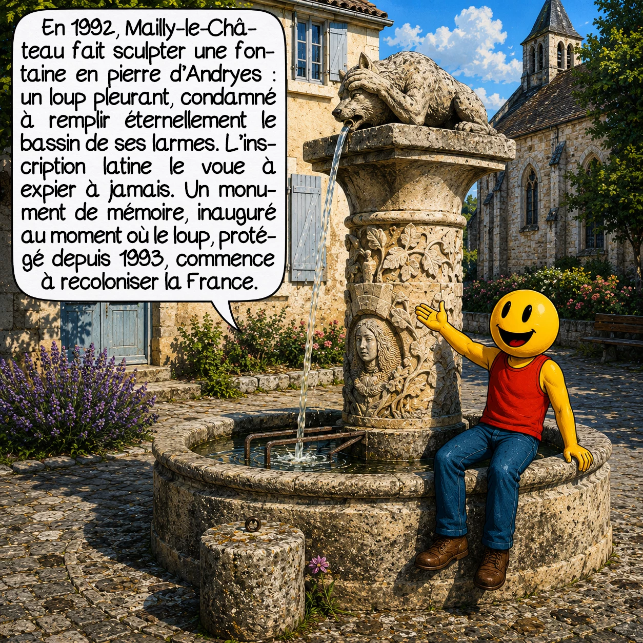 La bête de l’Auxerrois, case 9 : En 1992, la commune de Mailly-le-Château fait sculpter une fontaine en pierre d’Andryes : un loup pleurant, condamné à remplir le bassin de ses larmes pour l’éternité. L’inscription en latin au pied condamne la bête enragée à expier à jamais. Ce monument révèle que la mémoire collective n’a pas oublié. Il sera inauguré exactement au moment où le loup, espèce protégée depuis 1993, commence à recoloniser la France.