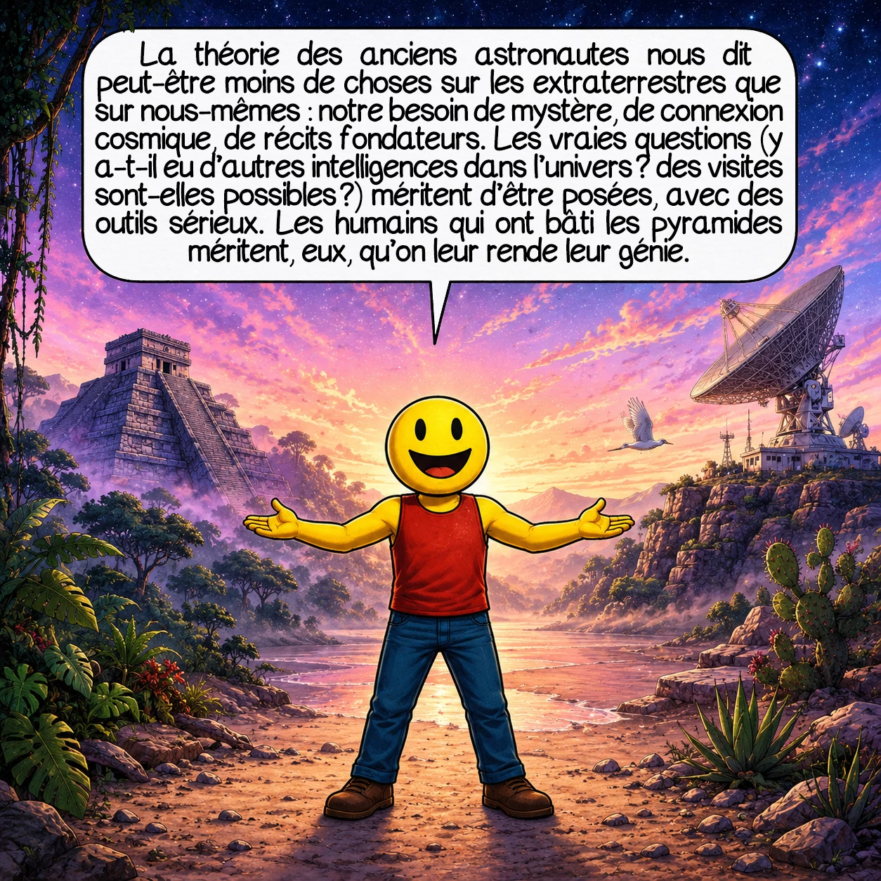 Les anciens astronautes, case 10 : La théorie des anciens astronautes nous dit peut-être moins de choses sur les extraterrestres que sur nous-mêmes : notre besoin de mystère, de connexion cosmique, de récits fondateurs. Les vraies questions — y a-t-il eu d’autres intelligences dans l’univers ? des visites sont-elles possibles ? — méritent d’être posées sérieusement, avec des outils sérieux. Les humains qui ont bâti les pyramides méritent, eux, qu’on leur rende leur génie.