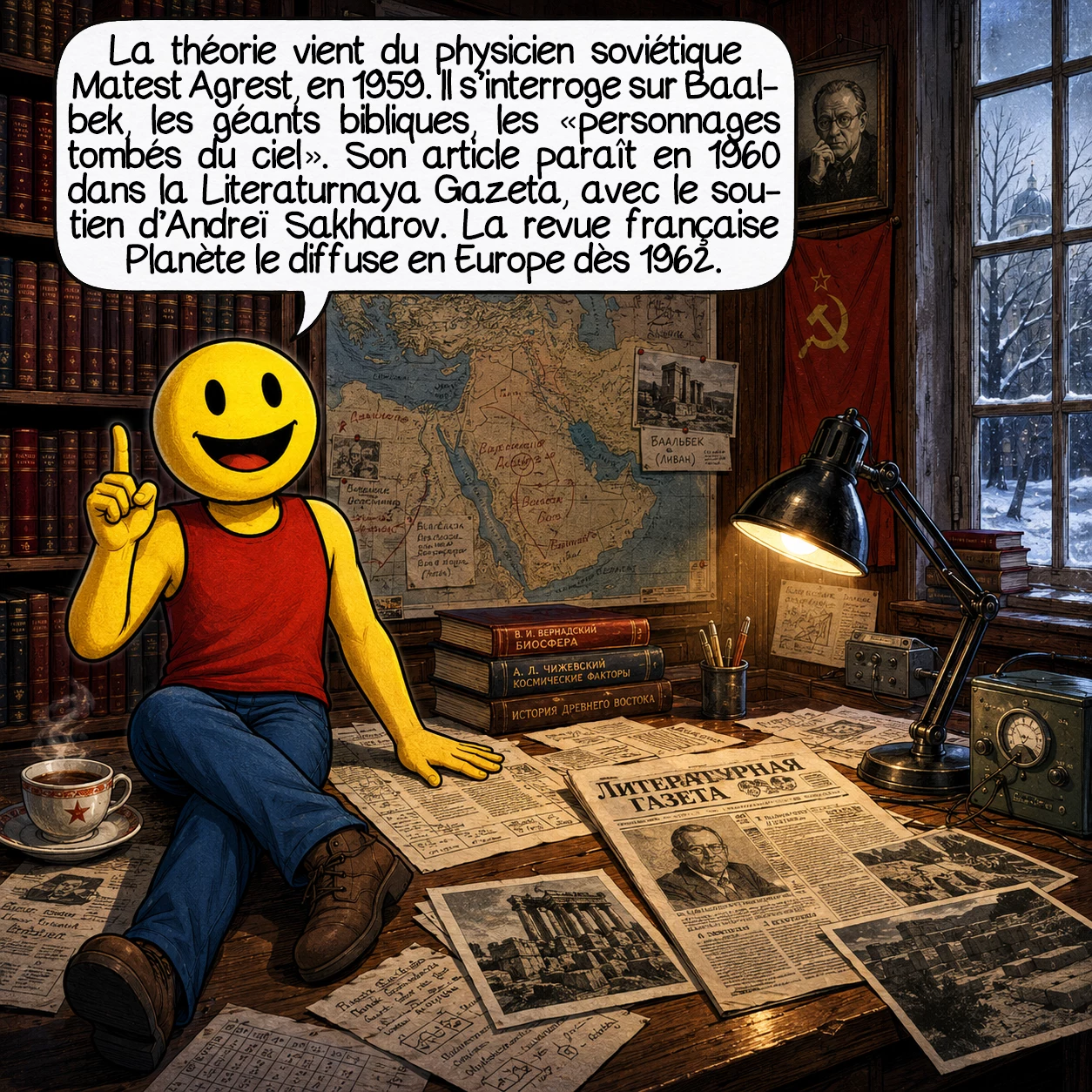 Les anciens astronautes, case 2 : Contrairement à ce qu’on croit, ce n’est pas von Däniken qui invente la théorie, mais le physicien soviétique Matest Agrest, en 1959. Il s’interroge sur Baalbek, les géants bibliques, les « personnages tombés du ciel ». Son article paraît en 1960 dans la Literaturnaya Gazeta — avec le soutien d’Andreï Sakharov. La revue française Planète le diffuse en Europe dès 1962.