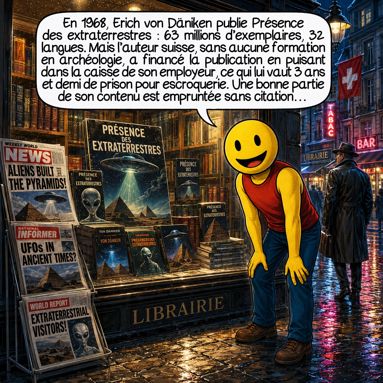 Les anciens astronautes, case 3 : En 1968, Erich von Däniken publie Présence des extraterrestres — 63 millions d’exemplaires, 32 langues. Mais attention : l’auteur suisse, sans aucune formation en archéologie, a financé la publication en puisant dans la caisse de son employeur — ce qui lui vaut 3 ans et demi de prison pour escroquerie. Une bonne partie de son contenu est empruntée sans citation à des ouvrages antérieurs.