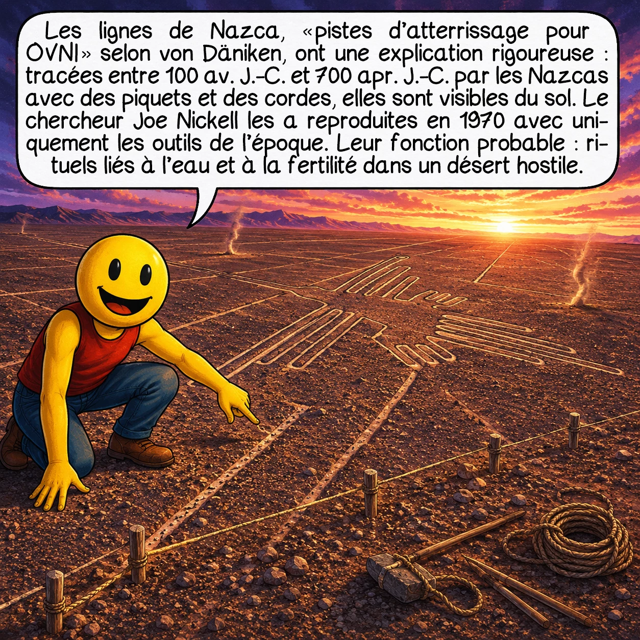 Les anciens astronautes, case 4 : Les lignes de Nazca — « pistes d’atterrissage pour OVNI » selon von Däniken — ont une explication rigoureuse : tracées entre 100 av. J.-C. et 700 apr. J.-C. par les Nazcas avec des piquets et des cordes, elles sont visibles du sol. Le chercheur Joe Nickell les a reproduites en 1970 avec uniquement les outils de l’époque. Leur fonction probable : rituels liés à l’eau et à la fertilité dans un désert hostile.