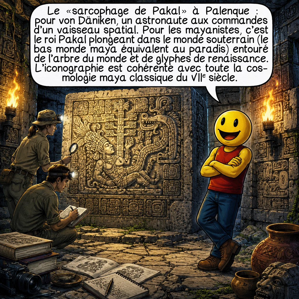 Les anciens astronautes, case 5 : Le « sarcophage de Pakal » à Palenque : pour von Däniken, un astronaute aux commandes d’un vaisseau spatial. Pour les mayanistes, c’est le roi Pakal plongeant dans le monde souterrain — le bas monde maya équivalent au paradis — entouré de l’arbre du monde et de glyphes de renaissance. L’iconographie est cohérente avec toute la cosmologie maya classique du VIIe siècle.