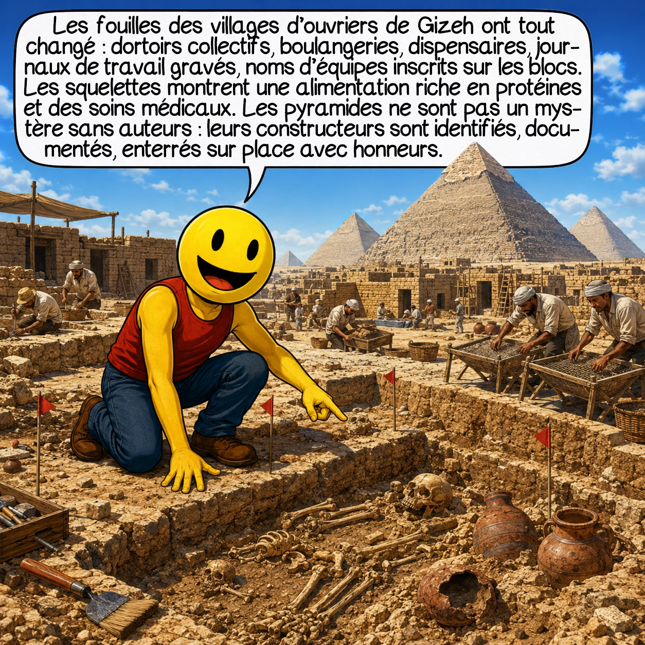 Les anciens astronautes, case 6 : Les fouilles des villages d’ouvriers de Gizeh ont tout changé : dortoirs collectifs, boulangeries, dispensaires, journaux de travail gravés, noms d’équipes inscrits sur les blocs. Les squelettes montrent une alimentation riche en protéines et des soins médicaux. Les pyramides ne sont pas un mystère sans auteurs : leurs constructeurs sont identifiés, documentés, enterrés sur place avec honneurs.