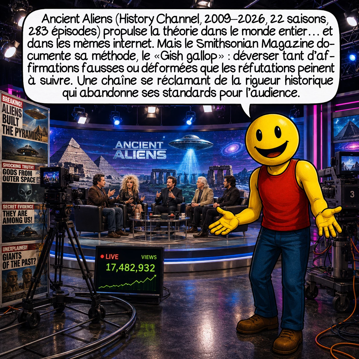 Les anciens astronautes, case 7 : Ancient Aliens (History Channel, 2009–2026, 22 saisons, 283 épisodes) propulse la théorie dans le monde entier — et dans les mèmes internet. Mais le Smithsonian Magazine documente sa méthode : le « Gish Gallop » — déverser tant d’affirmations fausses ou déformées que les réfutations peinent à suivre. Une chaîne se réclamant de la rigueur historique qui abandonne ses standards pour l’audience.