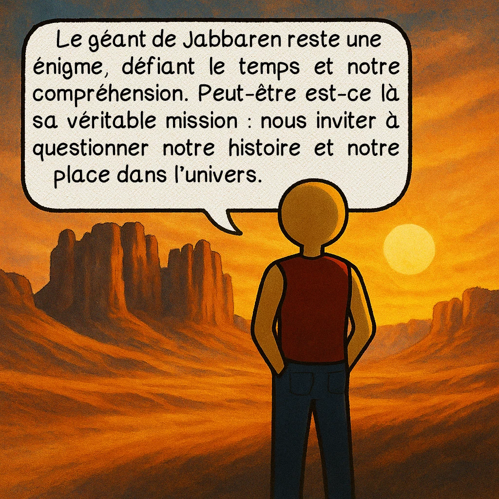 Le géant du Tassili, case 10 : Le géant de Jabbaren reste une énigme, défiant le temps et notre compréhension. Peut-être est-ce là sa véritable mission : nous inviter à questionner notre histoire et notre place dans l’univers.