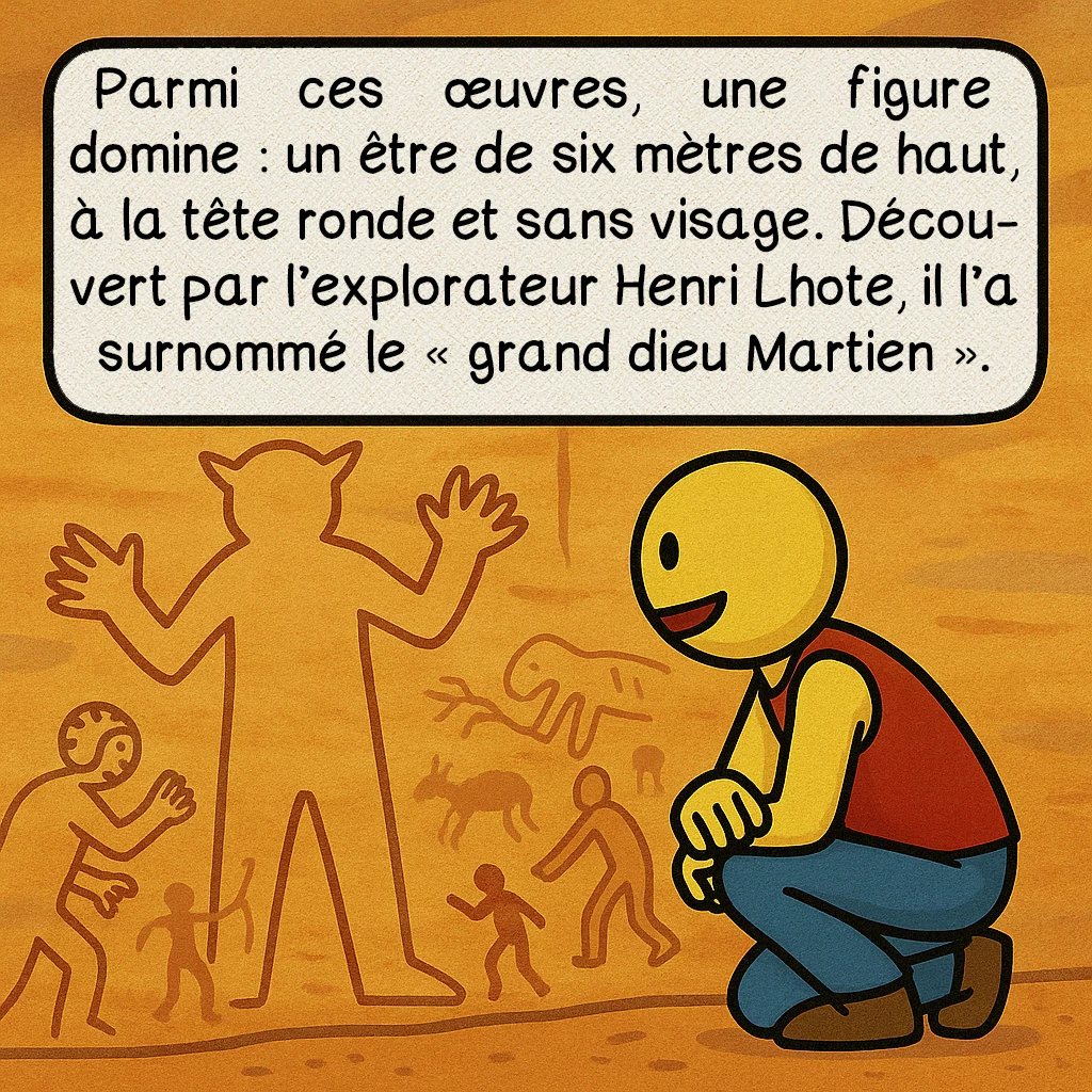 Le géant du Tassili, case 2 : Parmi ces œuvres, une figure domine : un être de six mètres de haut, à la tête ronde et sans visage. Découvert par l’explorateur Henri Lhote, il l’a surnommé le « grand dieu Martien ».