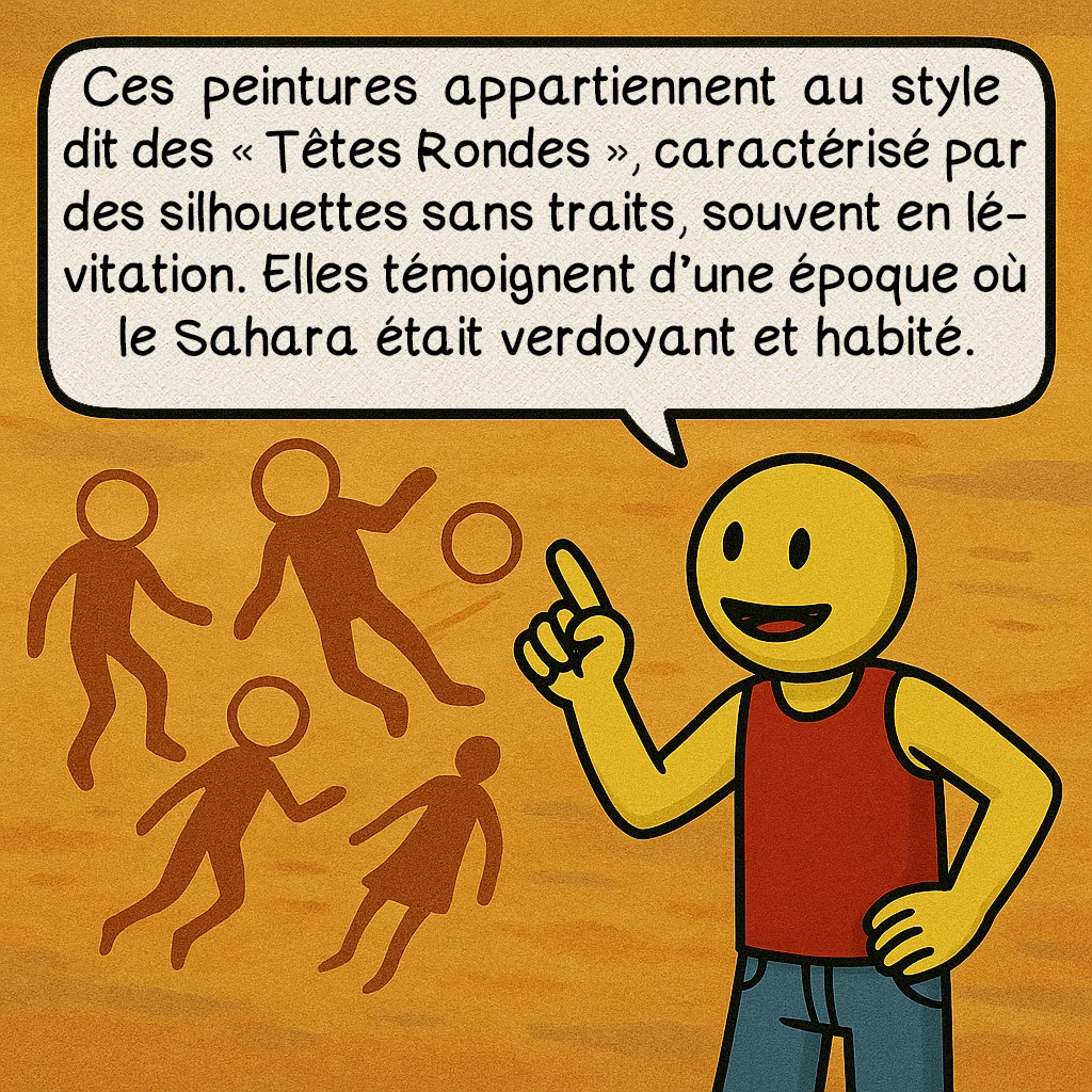 Le géant du Tassili, case 3 : Ces peintures appartiennent au style dit des « Têtes Rondes », caractérisé par des silhouettes sans traits, souvent en lévitation. Elles témoignent d’une époque où le Sahara était verdoyant et habité.