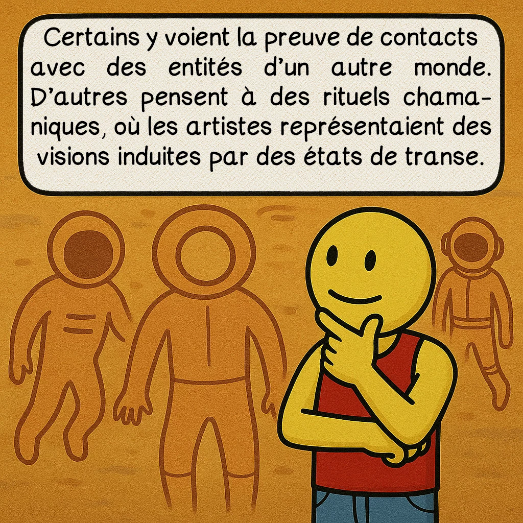 Le géant du Tassili, case 4 : Certains y voient la preuve de contacts avec des entités d’un autre monde. D’autres pensent à des rituels chamaniques, où les artistes représentaient des visions induites par des états de transe.