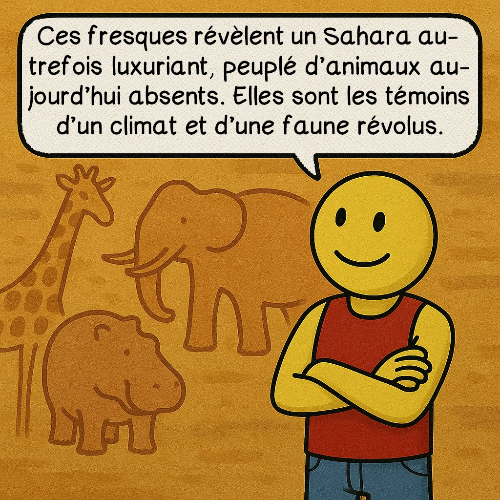 Le géant du Tassili, case 5 : Ces fresques révèlent un Sahara autrefois luxuriant, peuplé d’animaux aujourd’hui absents. Elles sont les témoins d’un climat et d’une faune révolus.