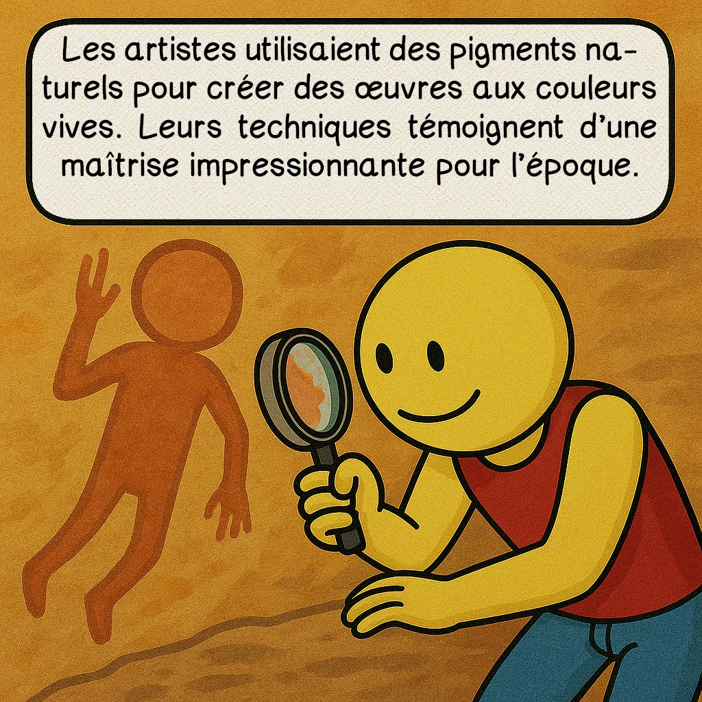 Le géant du Tassili, case 6 : Les artistes utilisaient des pigments naturels pour créer des œuvres aux couleurs vives. Leurs techniques témoignent d’une maîtrise impressionnante pour l’époque.