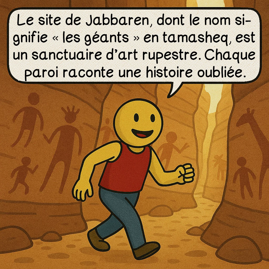 Le géant du Tassili, case 8 : Le site de Jabbaren, dont le nom signifie « les géants » en tamasheq, est un sanctuaire d’art rupestre. Chaque paroi raconte une histoire oubliée.