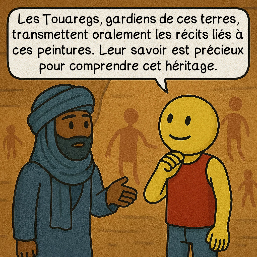Le géant du Tassili, case 9 : Les Touaregs, gardiens de ces terres, transmettent oralement les récits liés à ces peintures. Leur savoir est précieux pour comprendre cet héritage.