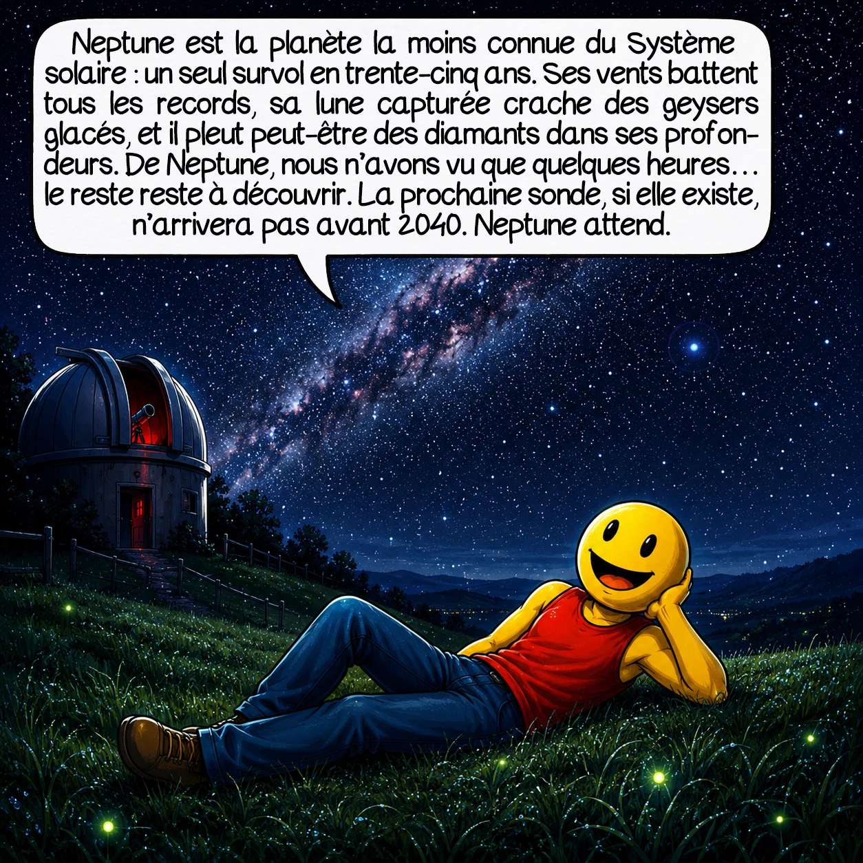 Neptune, case 10 : Neptune est la planète la moins connue du Système solaire : un seul survol en trente-cinq ans d’exploration spatiale. Ses vents battent tous les records, sa lune capturée crache des geysers dans le grand froid, et il pleut peut-être des diamants dans ses profondeurs. Ce que nous savons de Neptune tient dans un survol de quelques heures — tout le reste reste à découvrir. La prochaine sonde, si elle existe, n’arrivera pas avant 2040. Neptune attend, patiente.