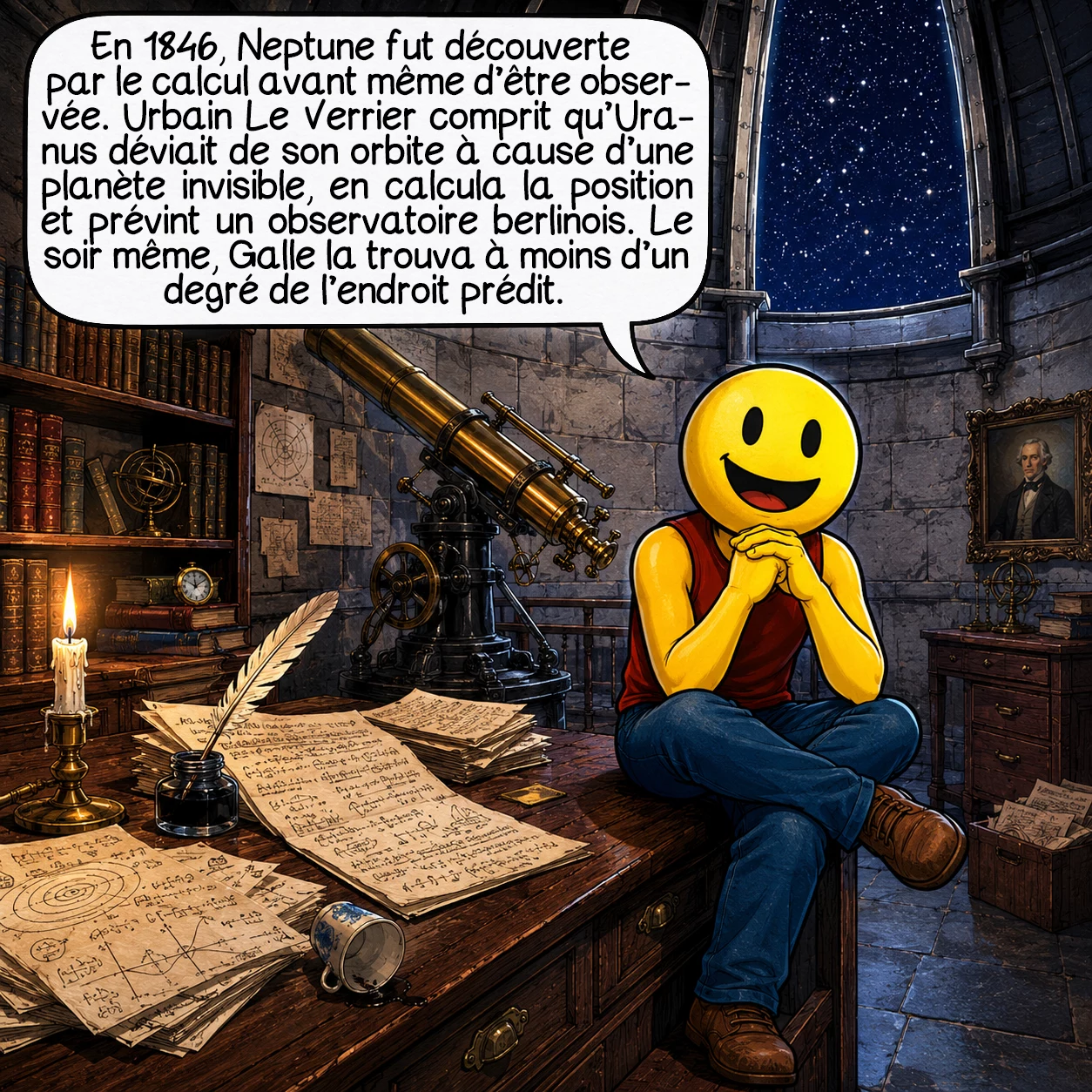 Neptune, case 2 : En 1846, Neptune fut découverte sans télescope — par le calcul pur. L’astronome français Urbain Le Verrier remarqua qu’Uranus déviait légèrement de son orbite prévue. Il en déduisit qu’une planète invisible perturbait sa trajectoire, calcula sa position exacte et écrivit à un observatoire berlinois. Le soir même, l’astronome Galle la trouva à moins d’un degré de l’endroit prédit.