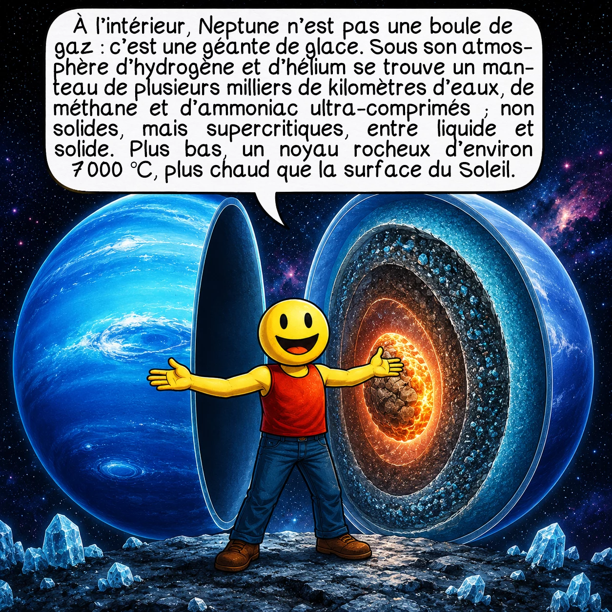 Neptune, case 4 : À l’intérieur, Neptune n’est pas une boule de gaz : c’est une géante de glace. Sous son atmosphère d’hydrogène et d’hélium se trouve un manteau de plusieurs milliers de kilomètres d’eaux, de méthane et d’ammoniac ultra-comprimés — non solides, mais supercritiques, entre liquide et solide. Plus bas, un noyau rocheux d’environ 7 000 °C, plus chaud que la surface du Soleil.