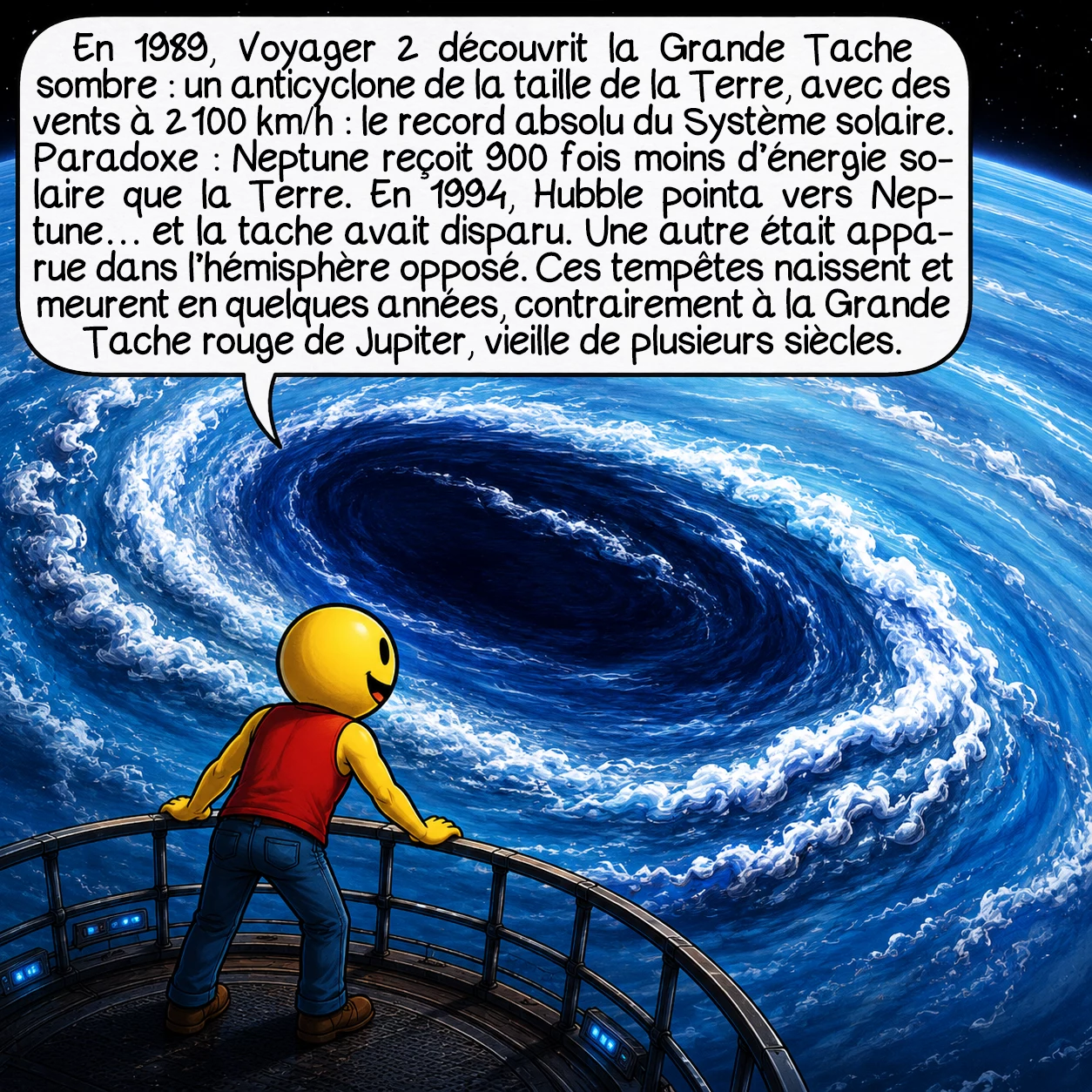Neptune, case 6 : En 1989, Voyager 2 découvrit la Grande Tache sombre : un anticyclone de la taille de la Terre, avec des vents à 2 100 km/h — le record absolu du Système solaire. Paradoxe : Neptune reçoit 900 fois moins d’énergie solaire que la Terre. En 1994, Hubble pointa vers Neptune… et la tache avait disparu. Une autre était apparue dans l’hémisphère opposé. Ces tempêtes naissent et meurent en quelques années — contrairement à la Grande Tache rouge de Jupiter, vieille de plusieurs siècles.