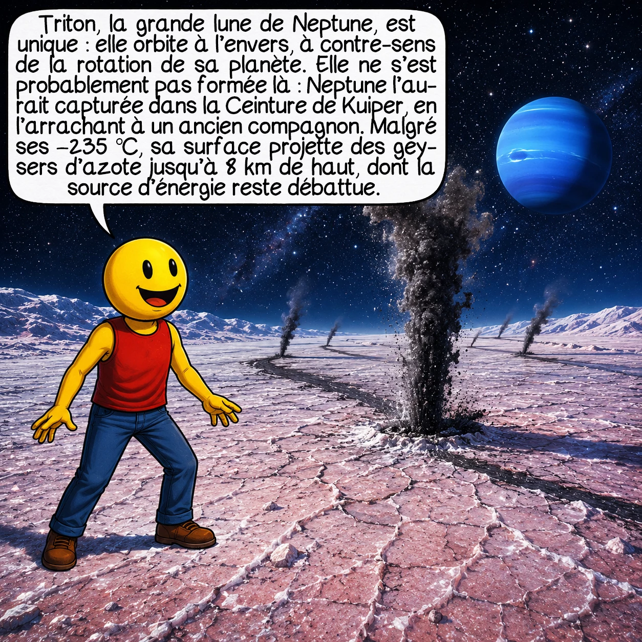 Neptune, case 7 : Triton, la grande lune de Neptune, est un cas unique : elle orbite à l’envers, dans le sens opposé à la rotation de la planète. Elle ne s’est pas formée ici — Neptune l’a capturée depuis la Ceinture de Kuiper, comme elle aurait capturé l’un des membres d’un système binaire en l’arrachant à son compagnon. Malgré −235 °C, sa surface crache des geysers d’azote à 8 km de hauteur. La source d’énergie de ces geysers reste encore débattue.
