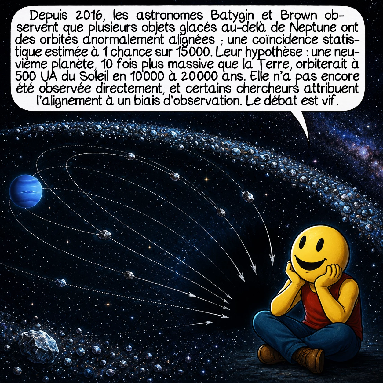 Neptune, case 8 : Depuis 2016, les astronomes Batygin et Brown observent que plusieurs objets glacés au-delà de Neptune ont des orbites anormalement alignées — une coïncidence statistique estimée à 1 chance sur 15 000. Leur hypothèse : une neuvième planète, 10 fois plus massive que la Terre, orbiterait à 500 UA du Soleil en 10 000 à 20 000 ans. Elle n’a pas encore été observée directement, et certains chercheurs attribuent l’alignement à un biais d’observation. Le débat est vif.