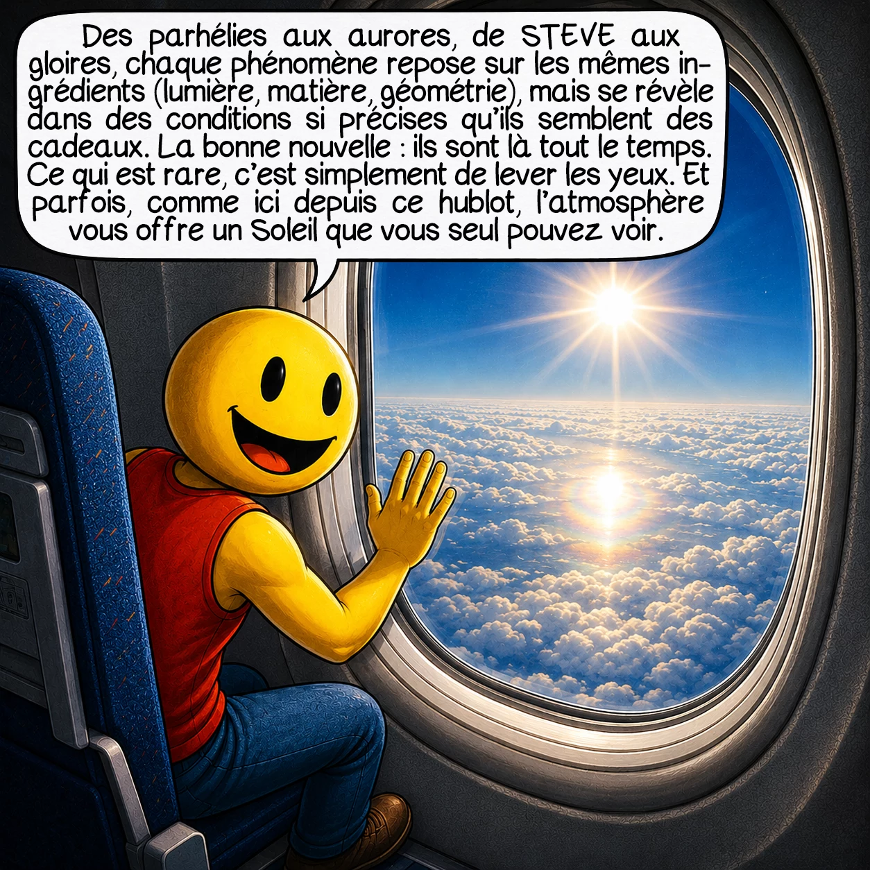 Les phénomènes optiques, case 10 : Des parhélies aux aurores, de STEVE aux gloires, chaque phénomène repose sur les mêmes ingrédients — lumière, matière, géométrie —, mais se révèle dans des conditions si précises qu’ils semblent des cadeaux. La bonne nouvelle : ils sont là tout le temps. Ce qui est rare, c’est simplement de lever les yeux. Et parfois, comme ici depuis ce hublot, l’atmosphère vous offre un soleil que vous seul pouvez voir.