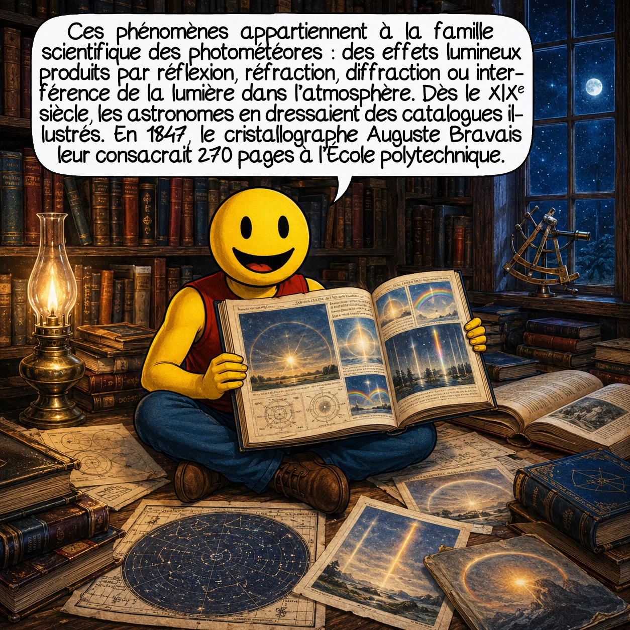 Les phénomènes optiques, case 2 : Ces phénomènes forment une famille scientifique nommée photométéores — tout phénomène lumineux produit par réflexion, réfraction, diffraction ou interférence de la lumière solaire ou lunaire dans l’atmosphère. Leur classification est ancienne : les astronomes du XIXe siècle en dressaient déjà des catalogues illustrés. Le cristallographe Auguste Bravais leur a consacré 270 pages en 1847 à l’École polytechnique.