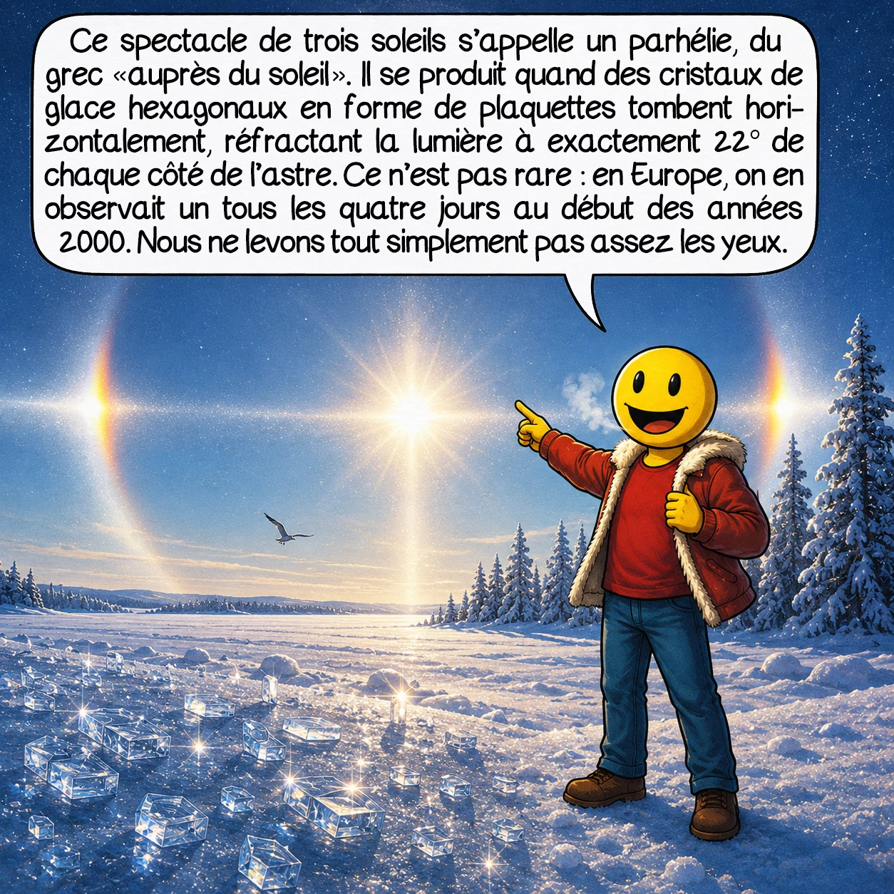 Les phénomènes optiques, case 3 : Ce spectacle de trois soleils s’appelle un parhélie — du grec « auprès du soleil ». Il se produit quand des cristaux de glace hexagonaux en forme de plaquettes tombent horizontalement, réfractant la lumière à exactement 22° de chaque côté de l’astre. Ce n’est pas rare : en Europe, on en observait un tous les quatre jours au début des années 2000. Nous ne levons tout simplement pas assez les yeux.