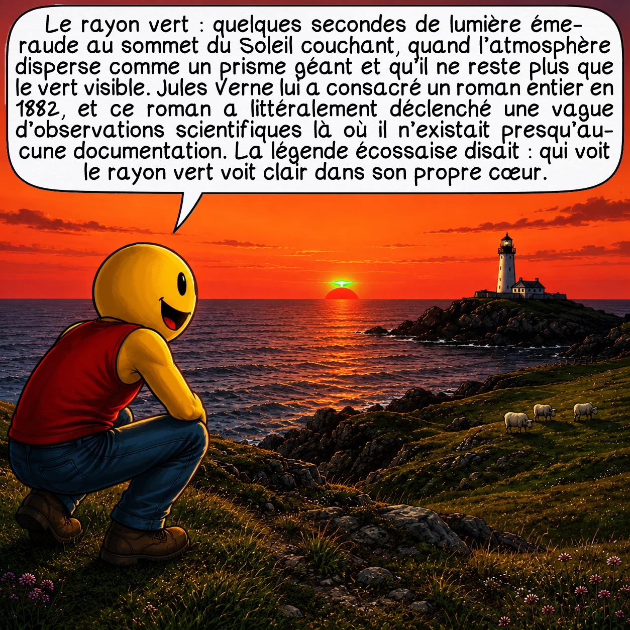 Les phénomènes optiques, case 4 : Le rayon vert : quelques secondes de lumière émeraude au sommet du soleil couchant, quand l’atmosphère disperse comme un prisme géant et qu’il ne reste plus que le vert visible. Jules Verne lui a consacré un roman entier en 1882 — et ce roman a littéralement déclenché une vague d’observations scientifiques là où il n’existait presque aucune documentation. La légende écossaise disait : qui voit le rayon vert voit clair dans son propre cœur.