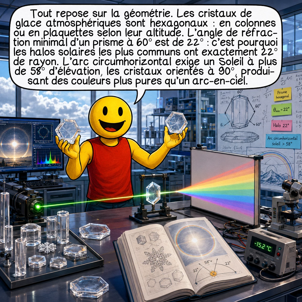 Les phénomènes optiques, case 6 : Tout repose sur la géométrie. Les cristaux de glace atmosphériques sont hexagonaux — en colonnes ou en plaquettes selon leur altitude. L’angle de réfraction minimal d’un prisme à 60° est de 22° : c’est pourquoi les halos solaires les plus communs ont exactement 22° de rayon. L’arc circumhorizontal exige un soleil à plus de 58° d’élévation, les cristaux orientés à 90°, produisant des couleurs plus pures qu’un arc-en-ciel.