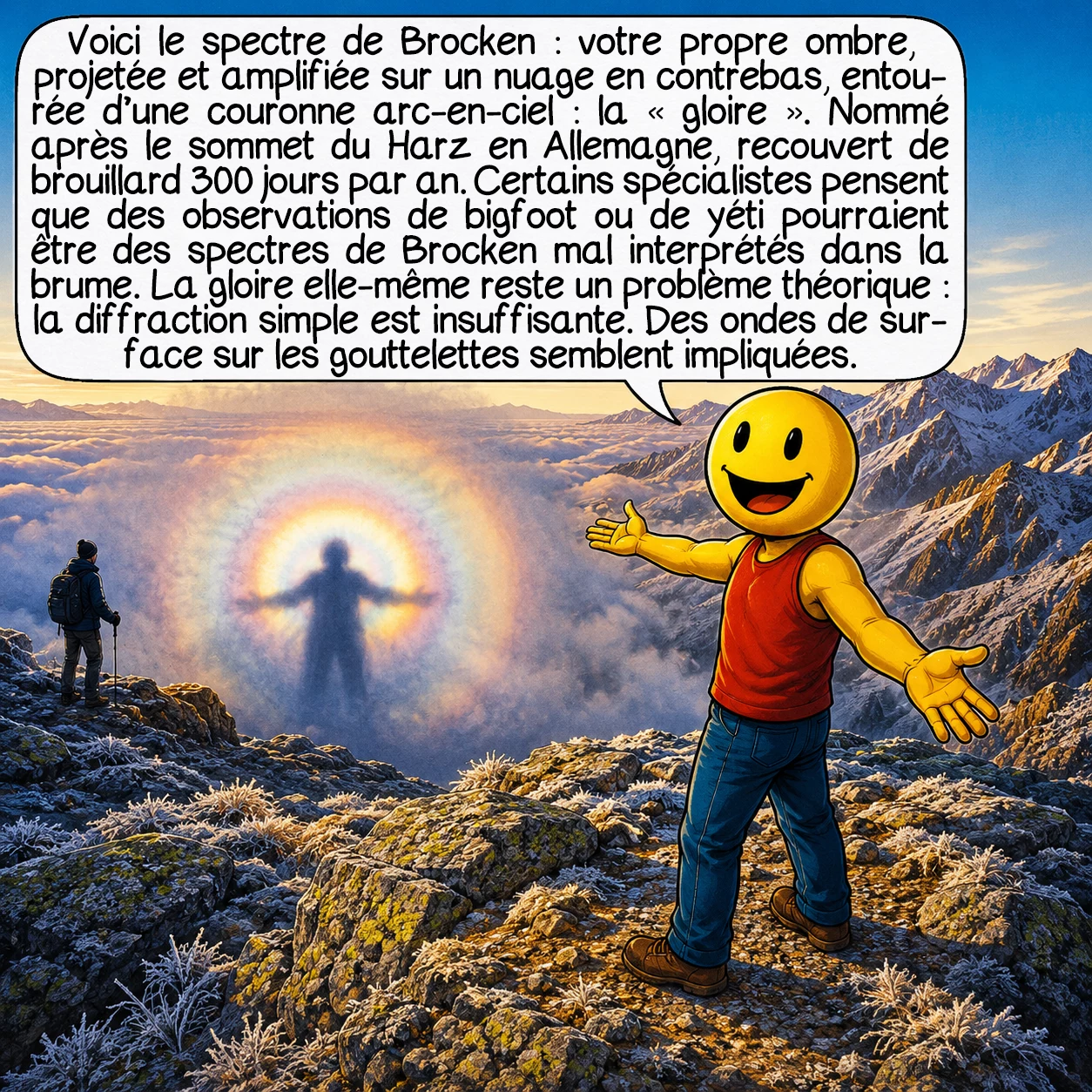 Les phénomènes optiques, case 7 : Le spectre de Brocken : votre propre ombre, projetée et amplifiée sur un nuage en contrebas, entourée d’une couronne arc-en-ciel — la gloire. Nommé après le sommet du Harz en Allemagne, recouvert de brouillard 300 jours par an. Certains spécialistes pensent que des observations de Bigfoot ou de Yéti pourraient être des spectres de Brocken mal interprétés dans la brume. La gloire elle-même reste un problème théorique : la diffraction simple est insuffisante — des ondes de surface sur les gouttelettes semblent impliquées.