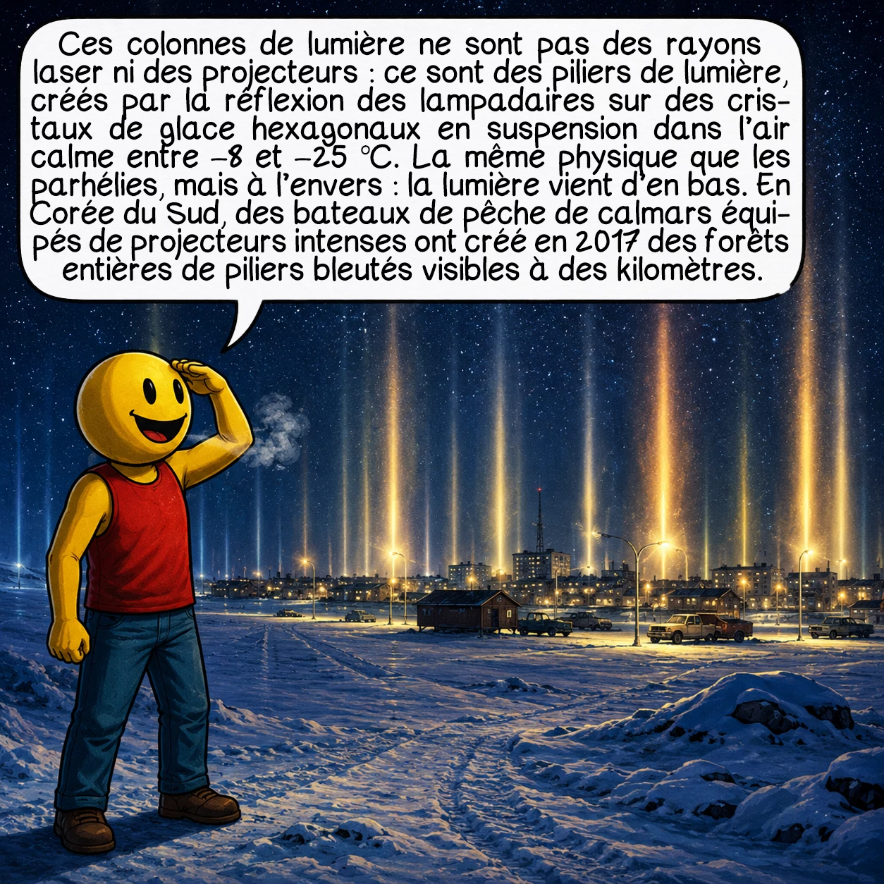Les phénomènes optiques, case 8 : Ces colonnes de lumière ne sont pas des rayons laser ni des projecteurs : ce sont des piliers de lumière, créés par la réflexion des lampadaires sur des cristaux de glace hexagonaux en suspension dans l’air calme entre −8 et −25 °C. La même physique que les parhélies, mais à l’envers : la lumière vient d’en bas. En Corée du Sud, des bateaux de pêche de calmars équipés de projecteurs intenses ont créé en 2017 des forêts entières de piliers bleutés visibles à des kilomètres.