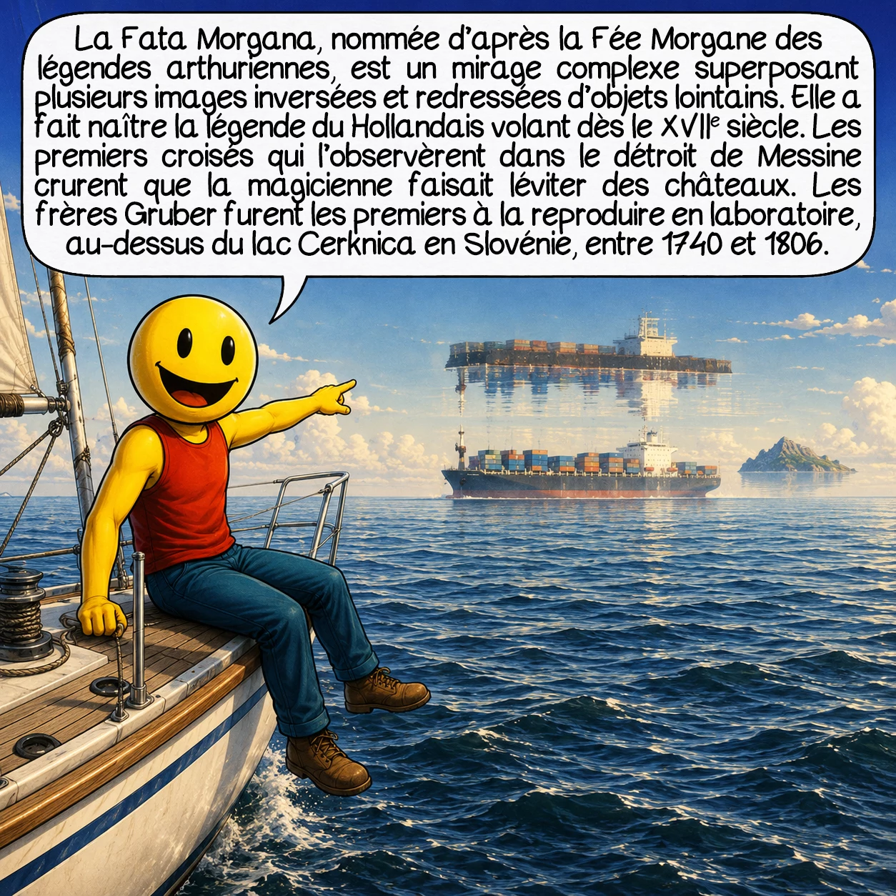 Les phénomènes optiques, case 9 : La Fata Morgana — nommée d’après la Fée Morgane des légendes arthuriennes — est un mirage complexe superposant plusieurs images inversées et redressées d’objets lointains. Elle a fait naître la légende du Hollandais volant dès le XVIIe siècle. Les premiers croisés qui l’observèrent dans le détroit de Messine crurent que la magicienne faisait léviter des châteaux. Les frères Gruber furent les premiers à la reproduire en laboratoire, au-dessus du lac Cerknica en Slovénie, entre 1740 et 1806.
